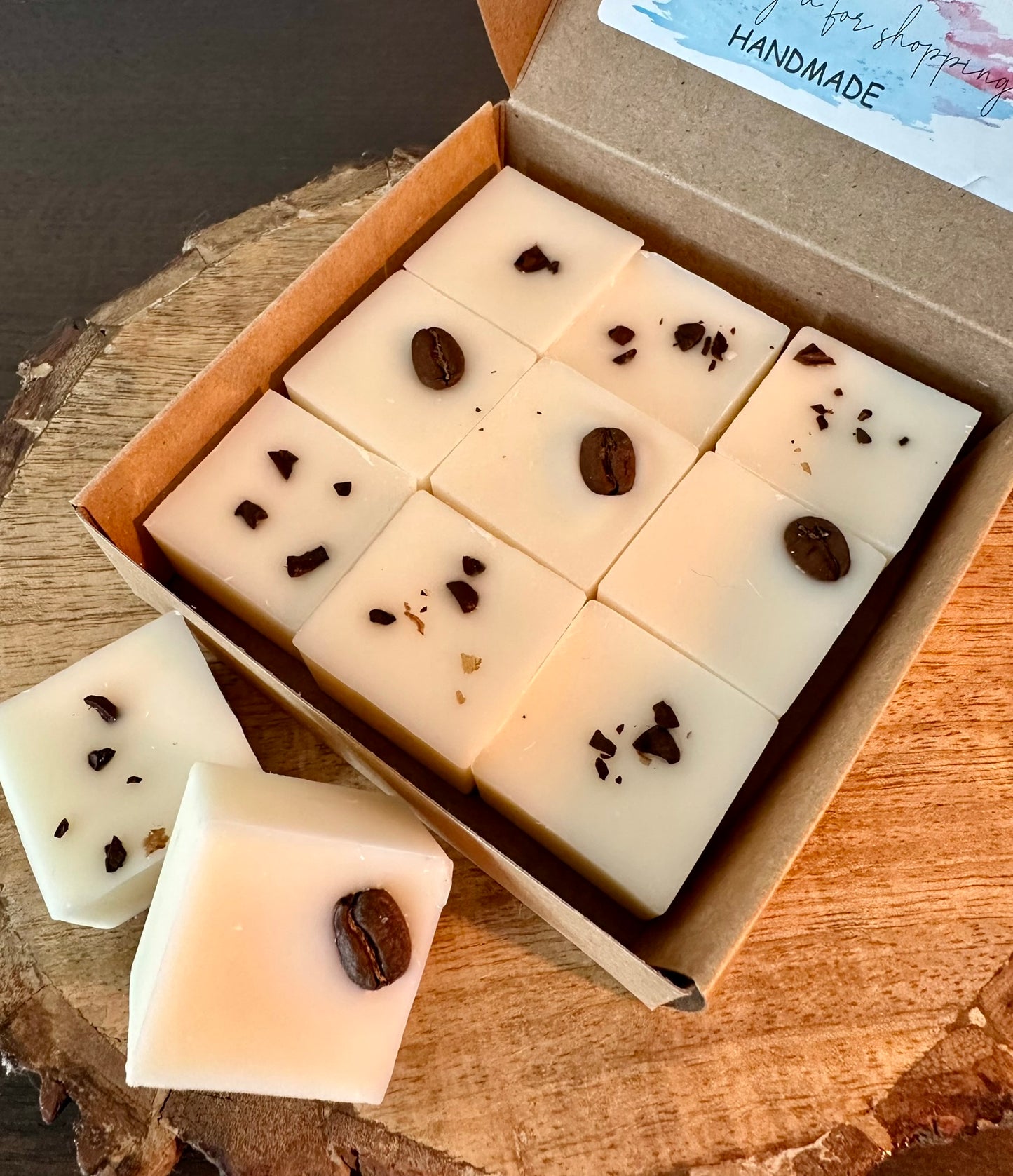Handmade botanical wax melts in coffee, almond and caramel scent with coffee bean topping in gift box