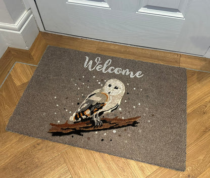 Festive grey coir fibre Christmas doormat with charming winter owl design, perfect eco-friendly holiday home décor and thoughtful Christmas gift for her.