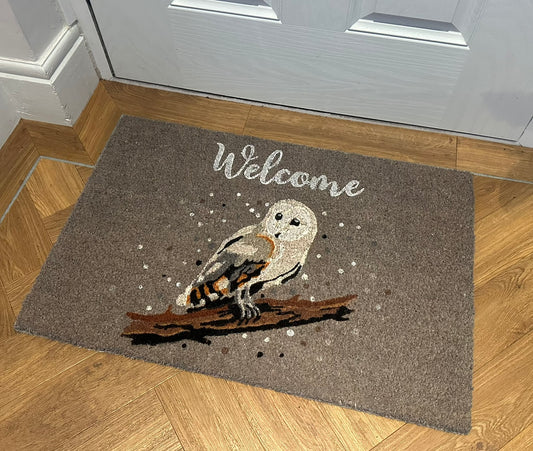 Festive grey coir fibre Christmas doormat with charming winter owl design, perfect eco-friendly holiday home décor and thoughtful Christmas gift for her.