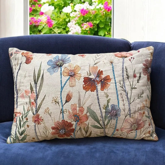 Embroidered floral cushion with botanical design gifts neural brown tones, perfect for cottage core-inspired decor