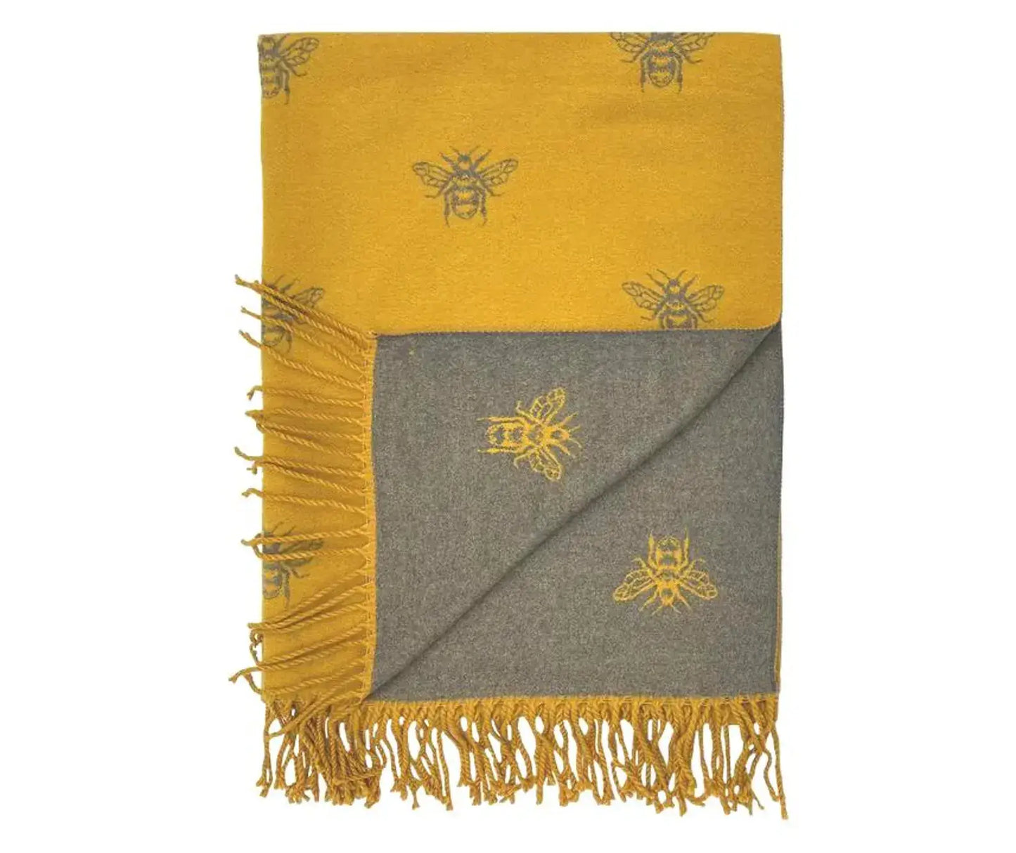 Ladies Cashmere Blend Reversible Bee Print Tassel Scarf - Yellow / Grey
