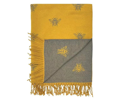 Ladies Cashmere Blend Reversible Bee Print Tassel Scarf - Yellow / Grey