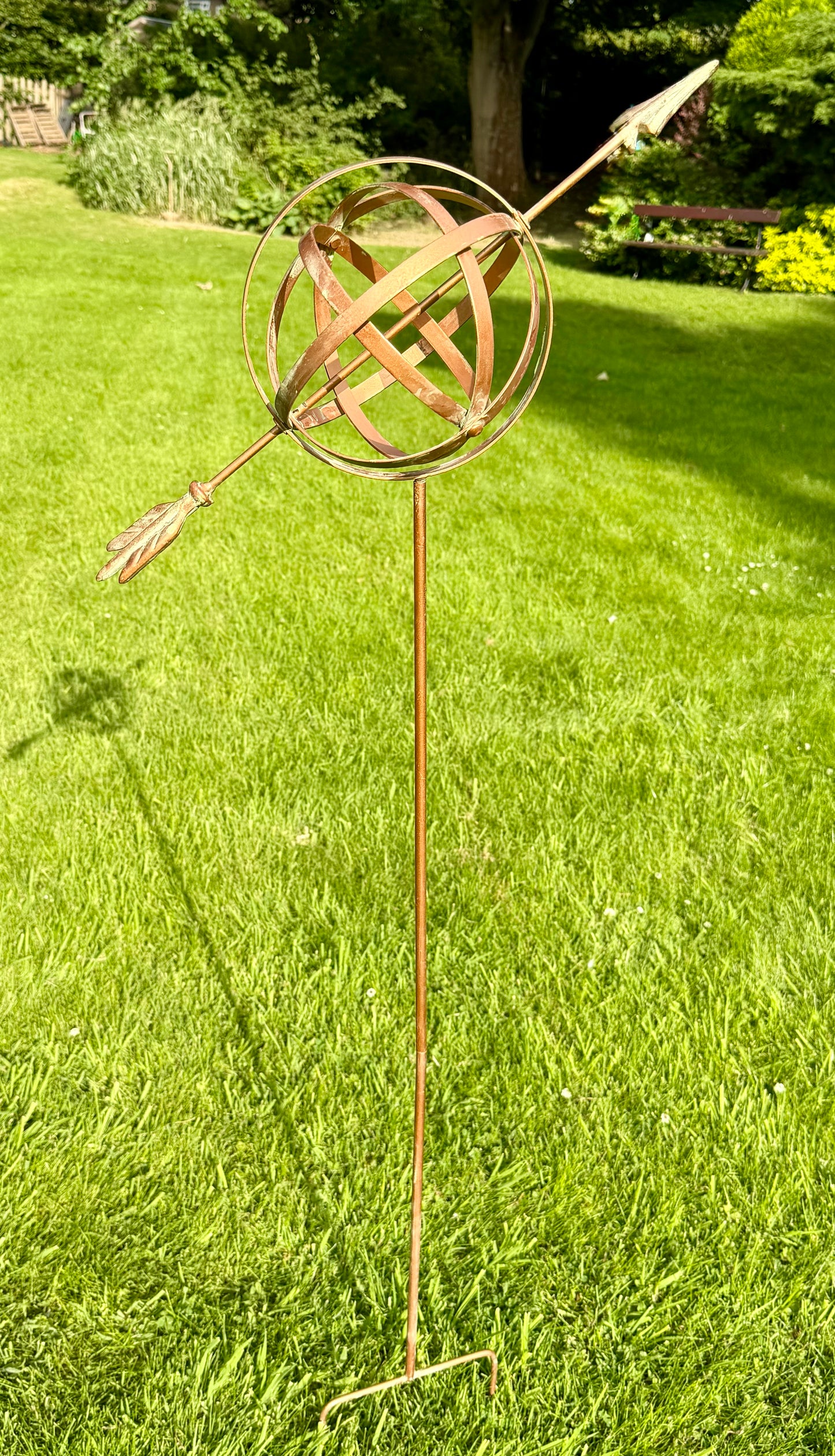 Metal armillary sphere stake for cottage gardens, patios and landscaped garden displays