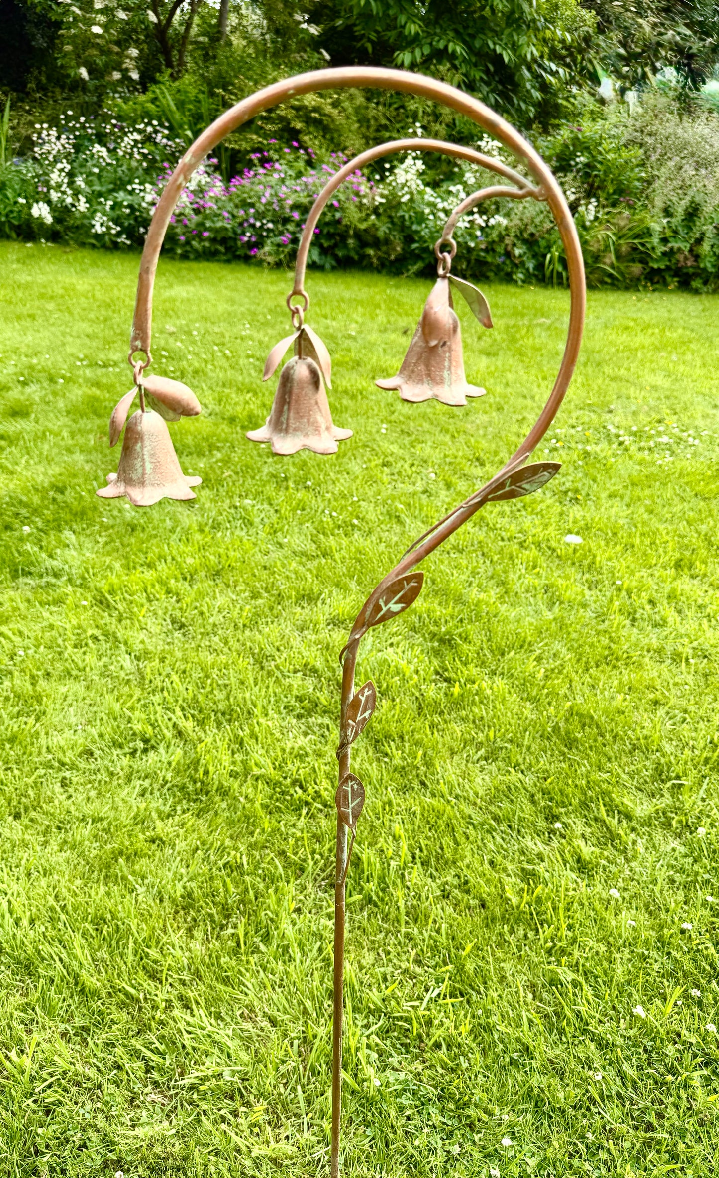 Rustic floral garden stake featuring hanging bells for borders, flower beds and planters