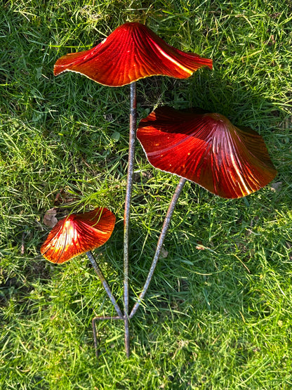 Vibrant metal fungi sculptures used as garden border decorations among ornamental grasses and plants
