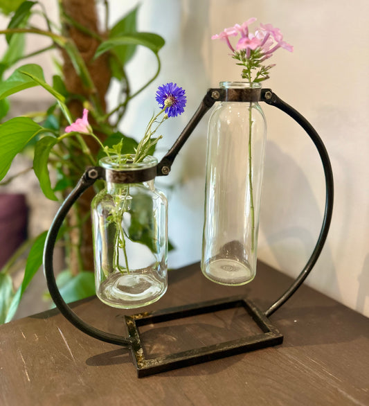 Double glass vase with metal frame for rustic decor or unique floral display