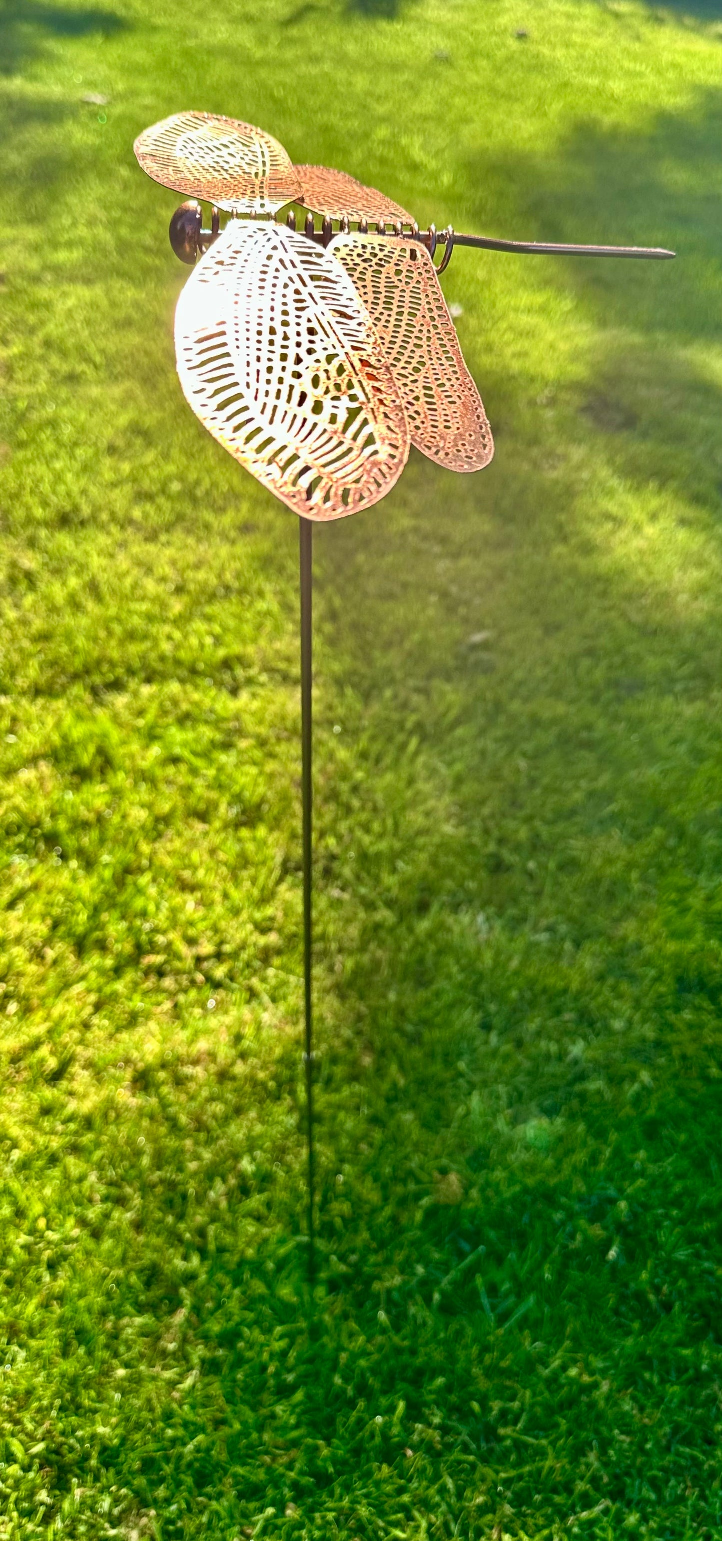 copper dragonfly yard art stake for outdoor garden decoration and nature themed landscaping