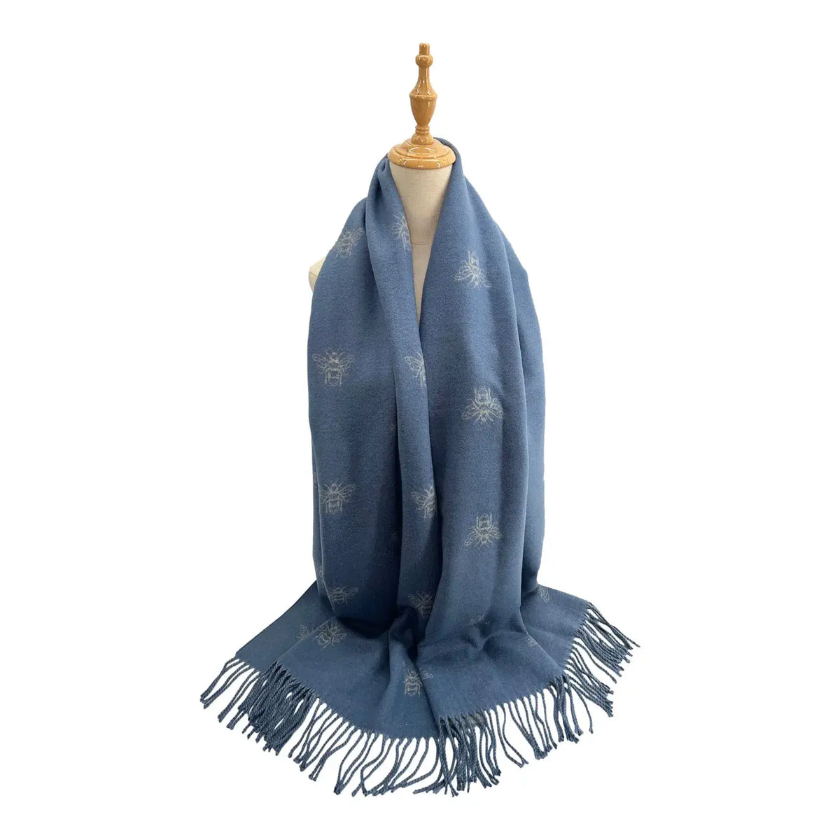 Ladies Cashmere Blend Reversible Bee Motif Scarf - Soft Blue