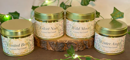 Vegan soy wax candle in luxury metal tin, cruelty-free and handmade, elegant sustainable scent for home or thoughtful present.