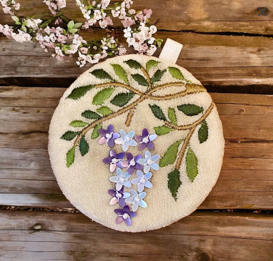 Intricately embroidered mirror with wisteria and delicate beading on cotton velvet – elegant gift for her