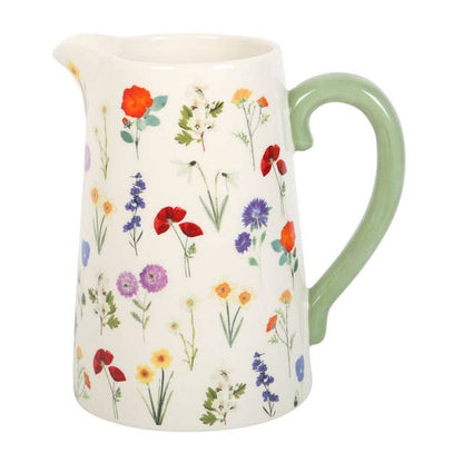 Cream Wildflower Spring Ceramic Flower Jug with Green Handle