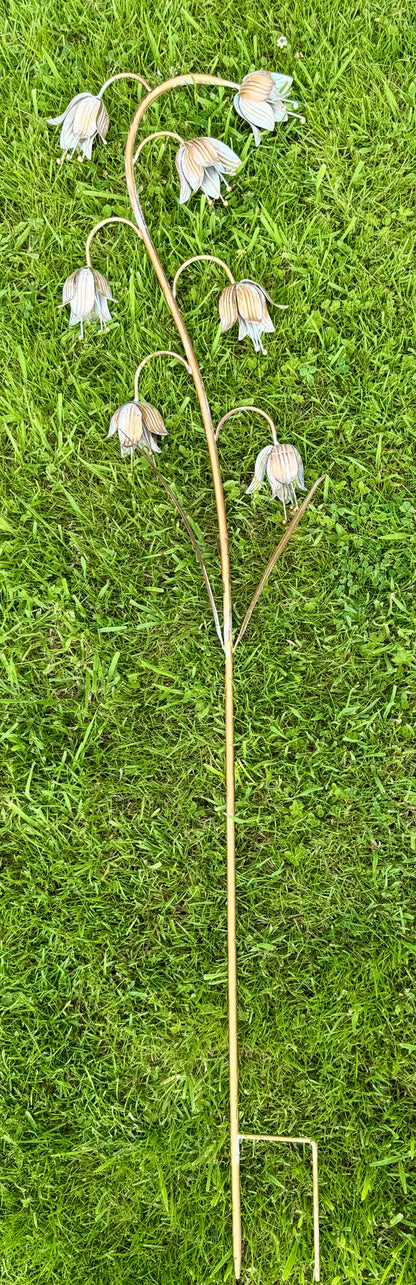 Rustic metal fritillaria plant stake inspired by snakes head fritillary flowers for garden borders and planters
