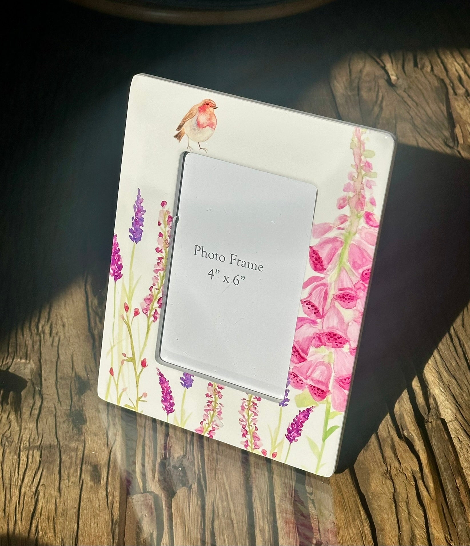 Floral ceramic photo frame with pink foxgloves, lavender and robin bird design, fits 4x6 inch photos