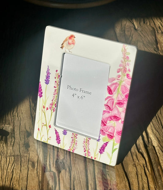 Floral ceramic photo frame with pink foxgloves, lavender and robin bird design, fits 4x6 inch photos