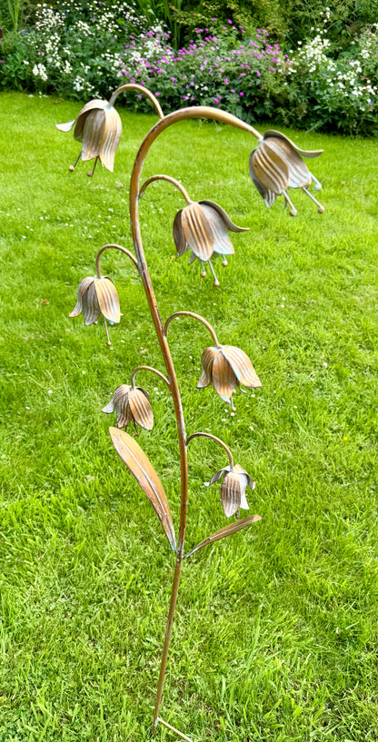 Floral plant support stake with elegant fritillary inspired silhouette for flower beds and containers