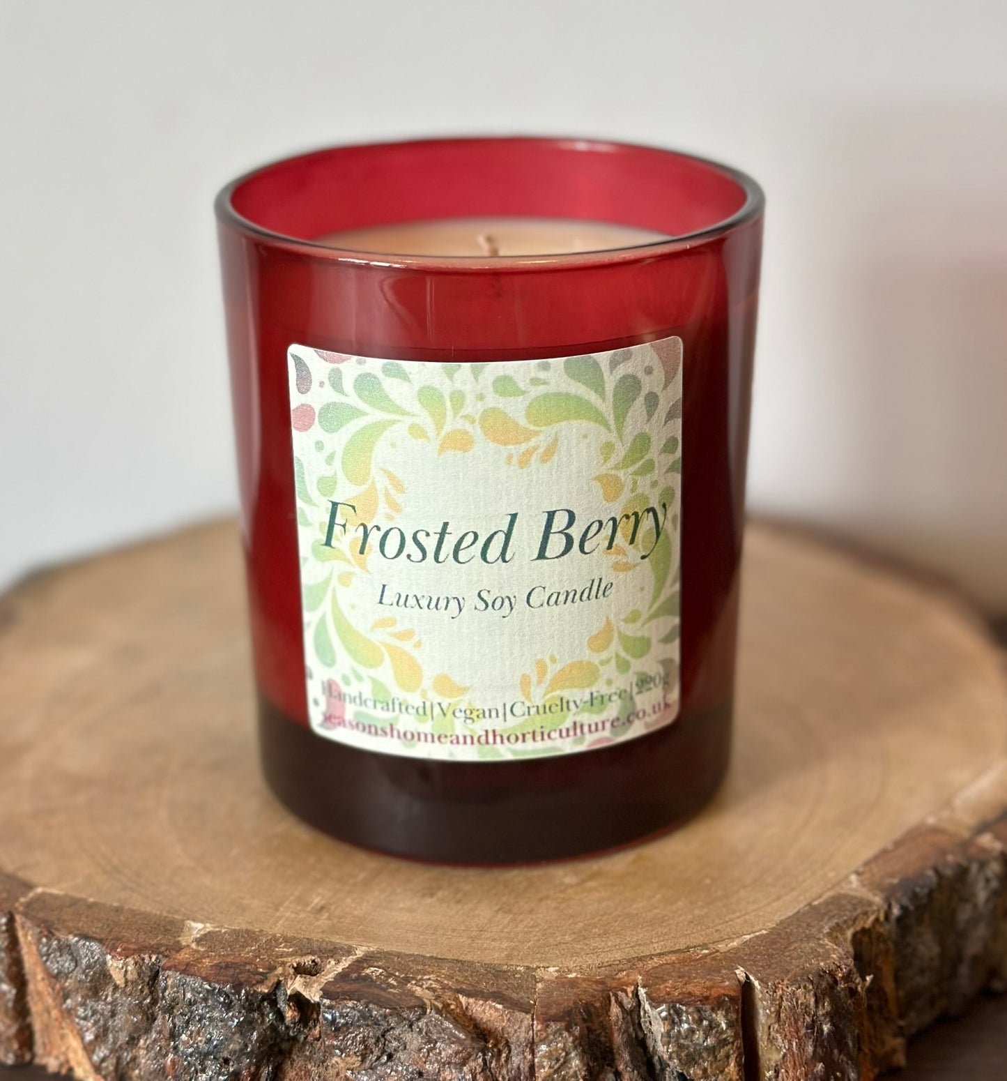 Frosted Berries soy candle with cinnamon, vanilla, and wild berry fragrance, vegan cruelty-free paraffin-free luxury Christmas candle gift