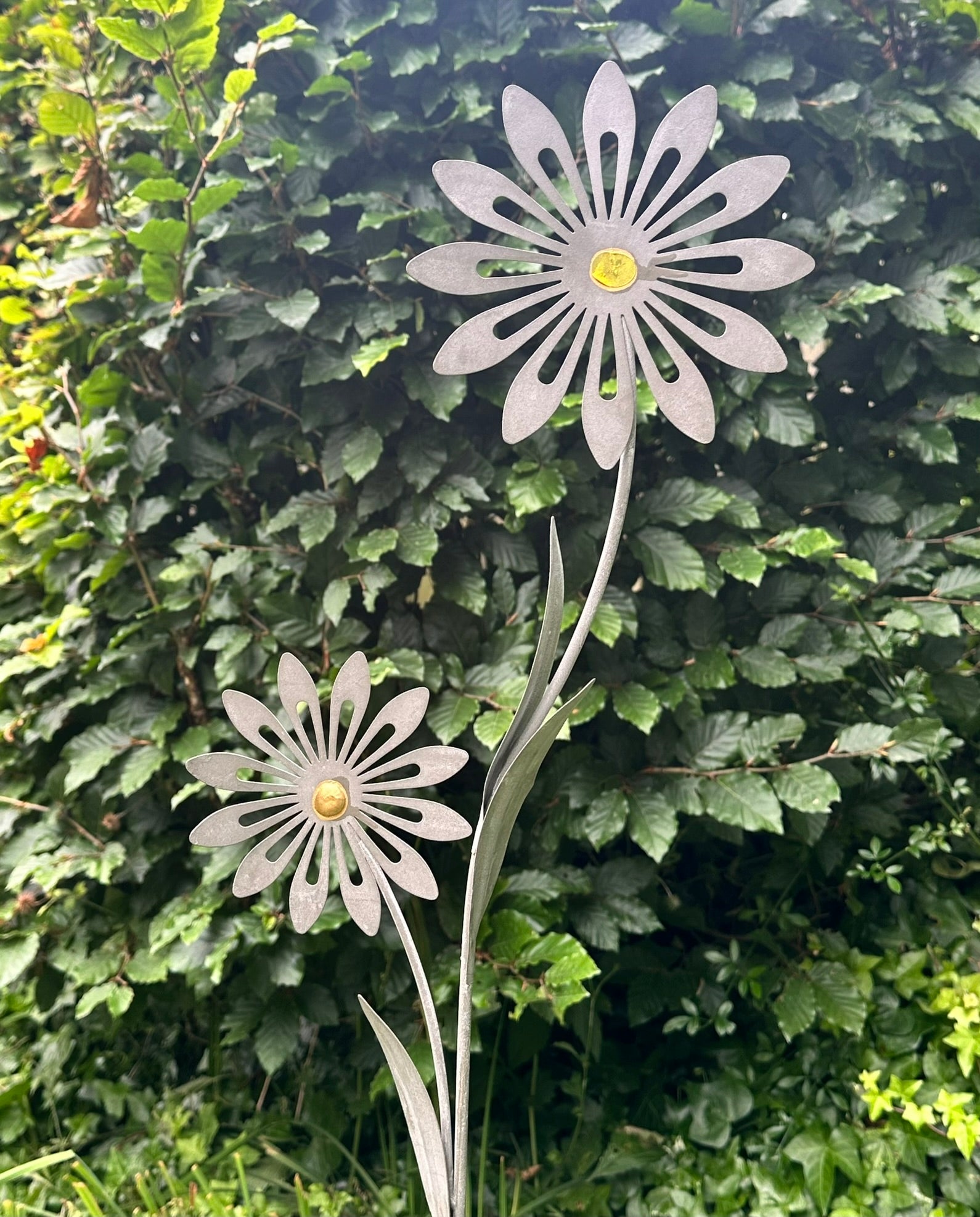 close up image of the silver double daisy garden stake