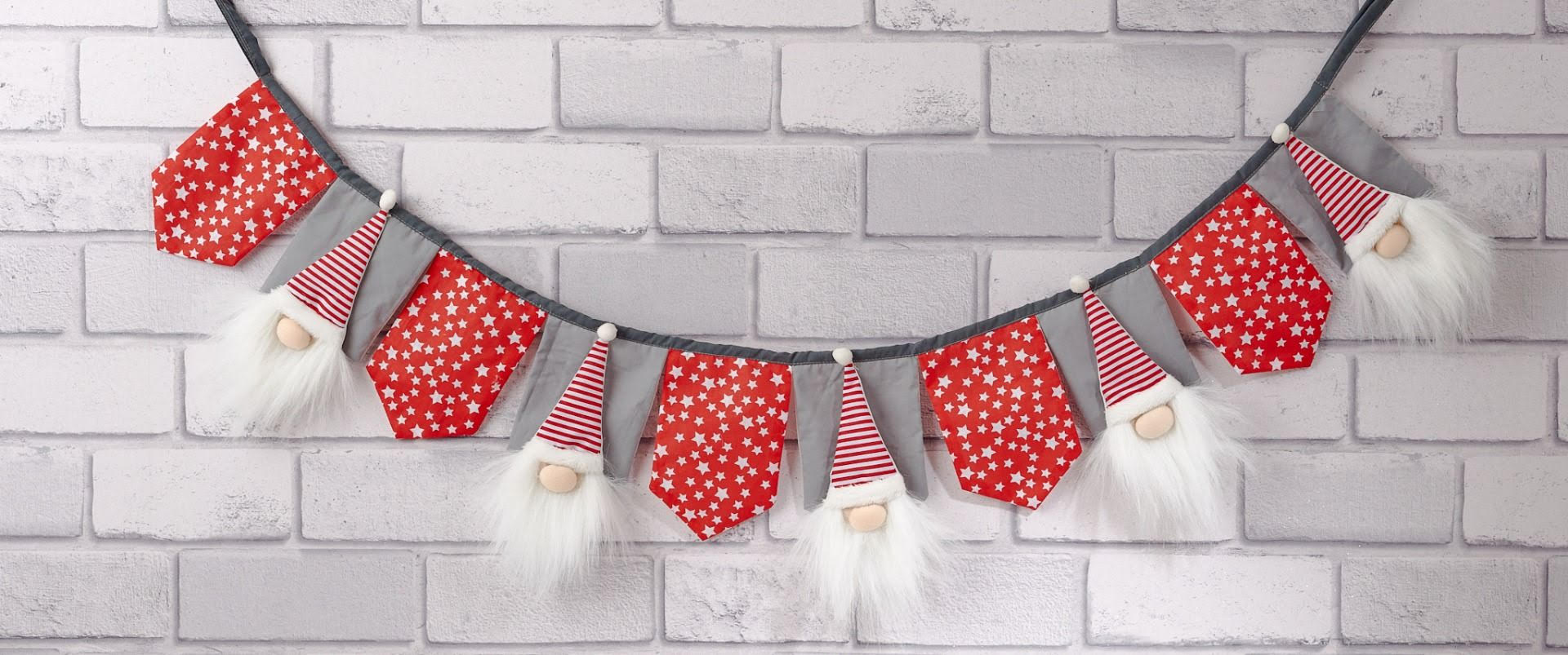 Christmas gonk fabric bunting garland, festive fabric banner with Nordic gonk design, perfect holiday party and home decoration.
