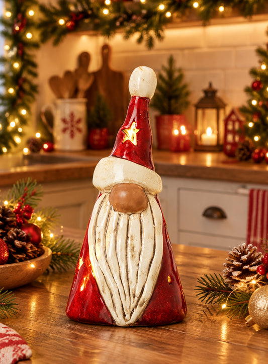 A red and white ceramic Christmas gnome with gold star accents, shown against a christmas kitchen background.