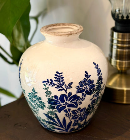 Hand-painted blue floral ceramic vase for elegant shelf styling or thoughtful gift