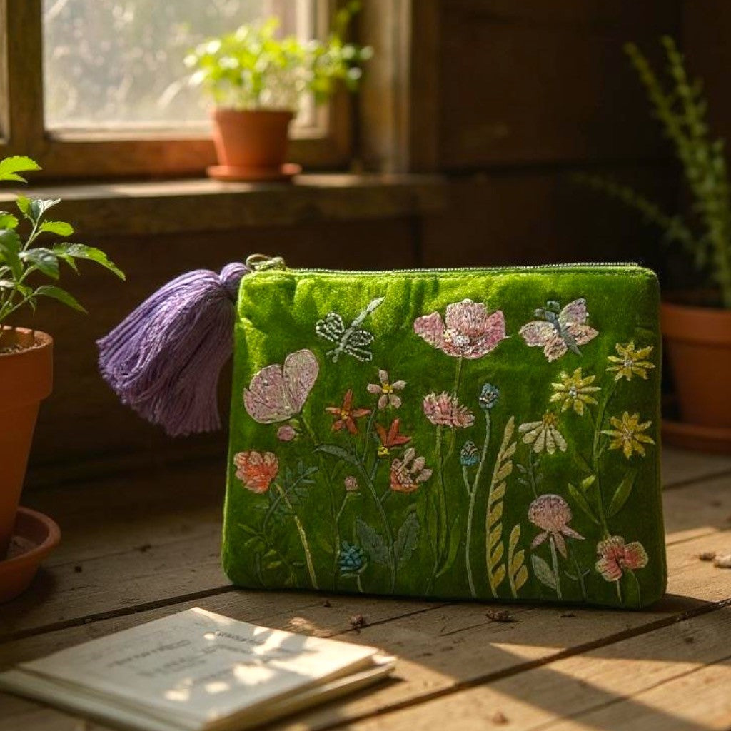 Handmade embroidered flower pouch in green velvet with tassel, versatile clutch or makeup bag gift for her