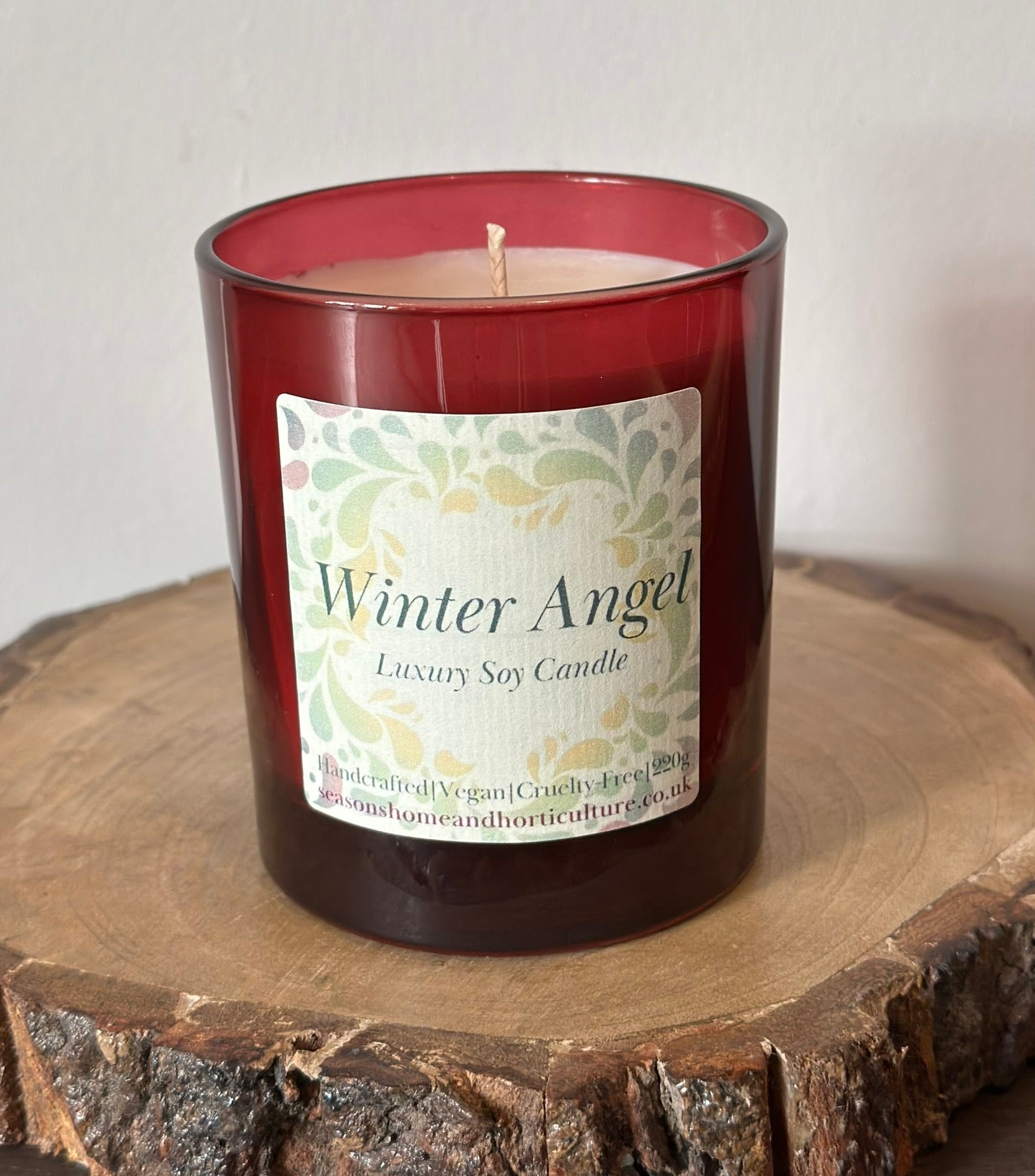 Handmade Winter Angel soy candle in elegant glass jar, vegan, paraffin-free, paraben-free, luxury Christmas scented candle for home décor