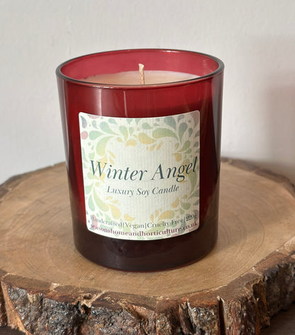 Handmade Winter Angel soy candle in elegant glass jar, vegan, paraffin-free, paraben-free, luxury Christmas scented candle for home décor