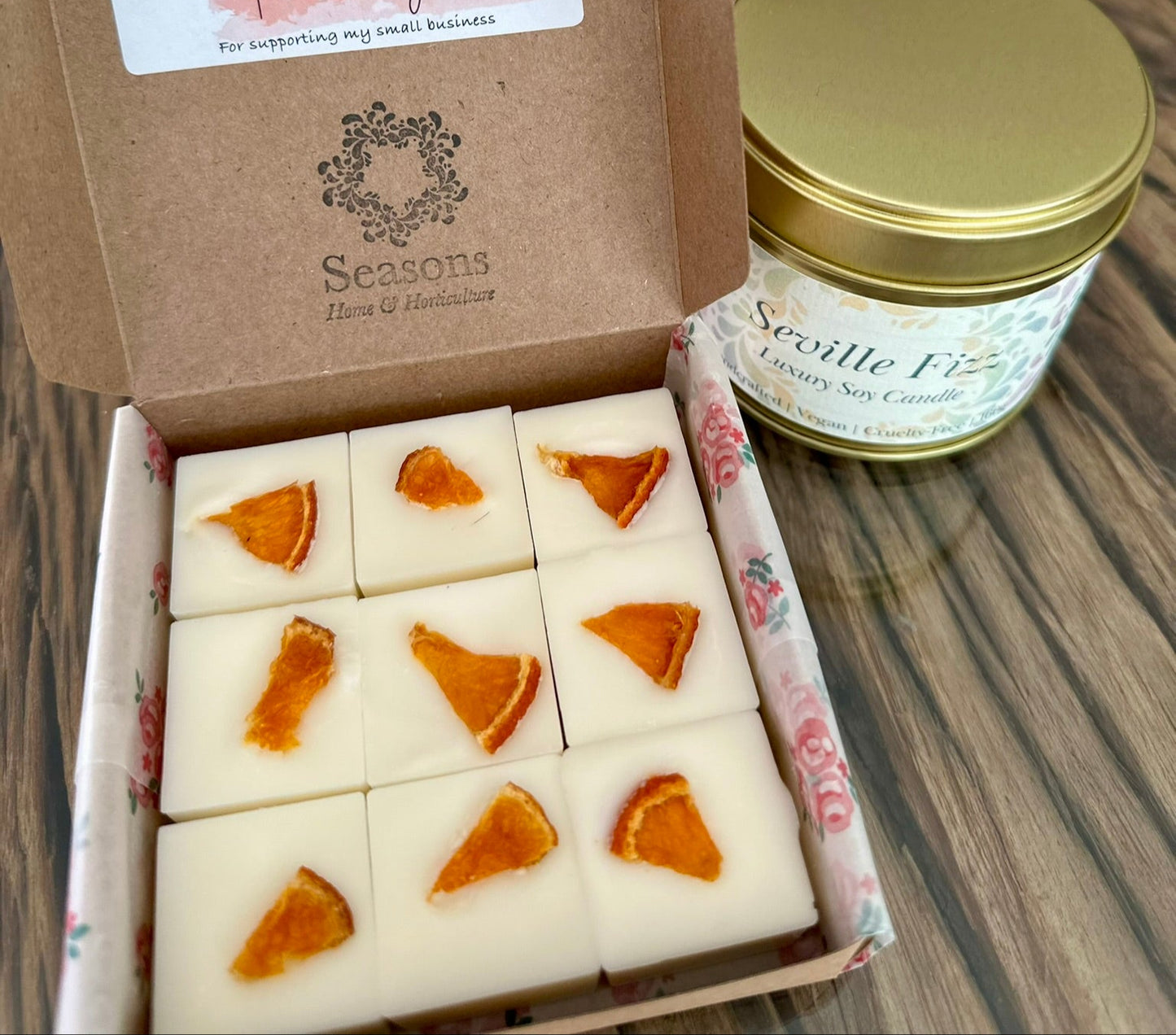 Seville fizz wax melts in their packaging. 