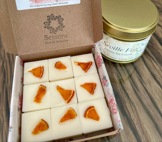 Seville fizz wax melts in their packaging. 