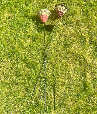 the feeders on grass showing the length and end point of the stake (two-prong)