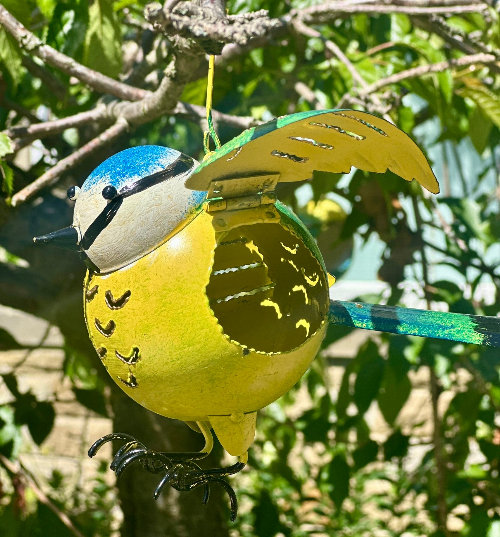 Metal blue tit tealight holder with cut-out wings, hanging garden bird candle lantern for outdoor decor and gifts