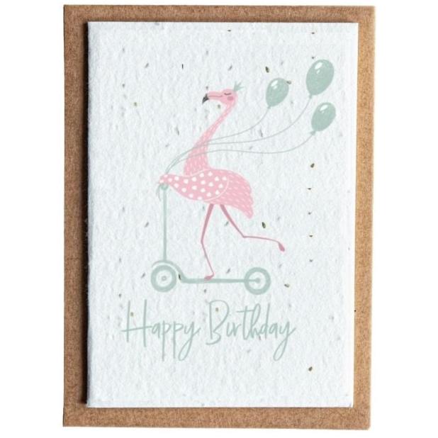 flamingo riding a scooter with balloons card 'happy birthday'