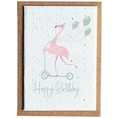 flamingo riding a scooter with balloons card 'happy birthday'