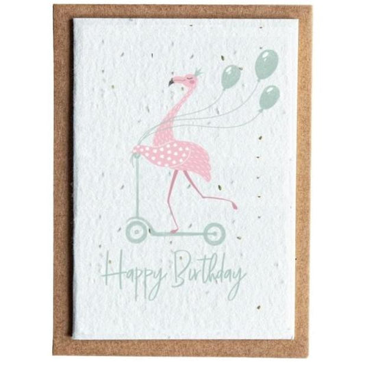 flamingo riding a scooter with balloons card 'happy birthday'