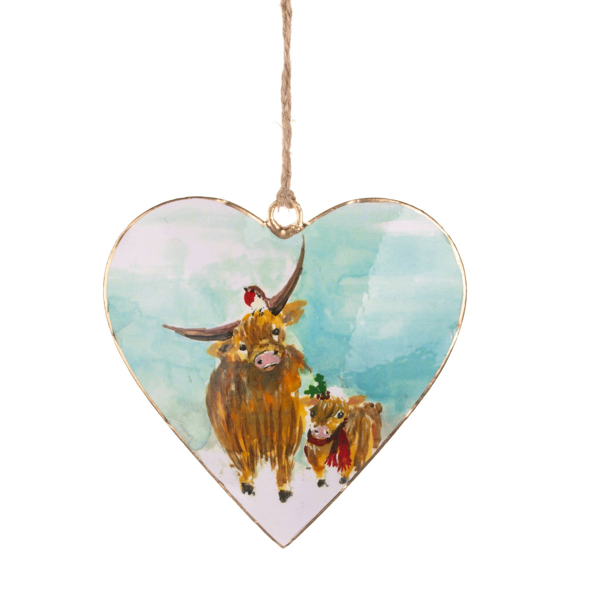 A heart-shaped glass hanging ornament featuring a painted illustration of Highland cows against a soft blue and white background, suspended by a natural jute string.