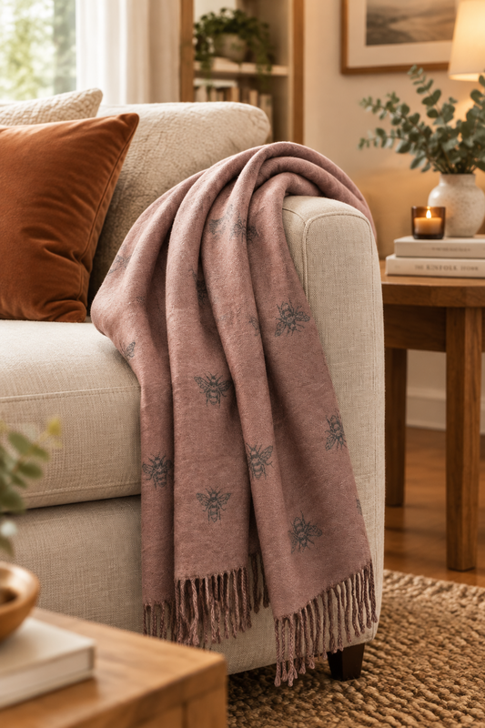 A dusty rose and grey woven scarf with black embroidered bees and fringe, draped on a white mannequin torso against a white background.