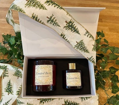 Luxury candle and reed diffuser gift set in a presentation box, ideal for home fragrance, aromatherapy and gifting.