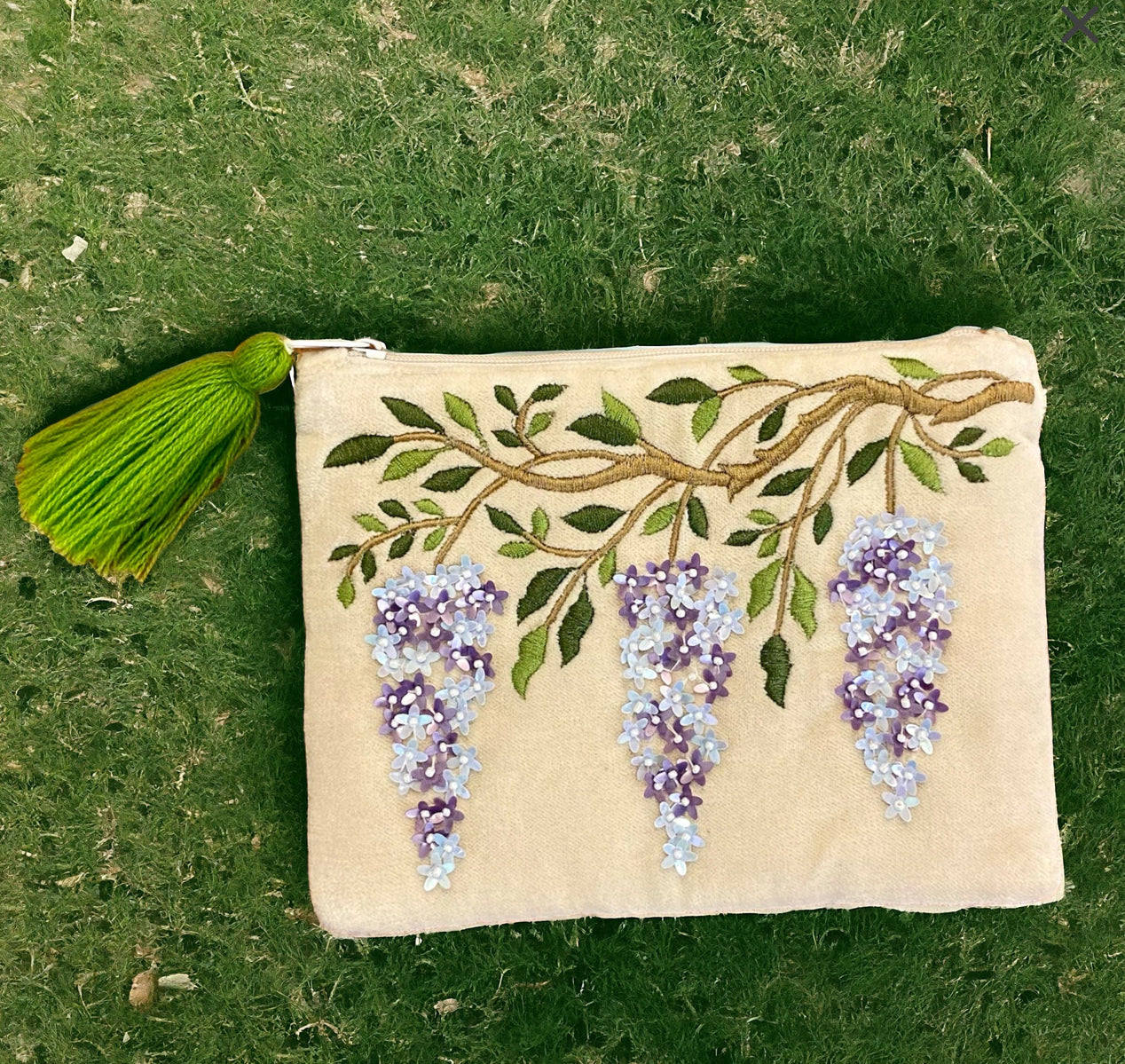 Intricately embroidered pouch with wisteria and delicate beading on cotton velvet – elegant gift for her