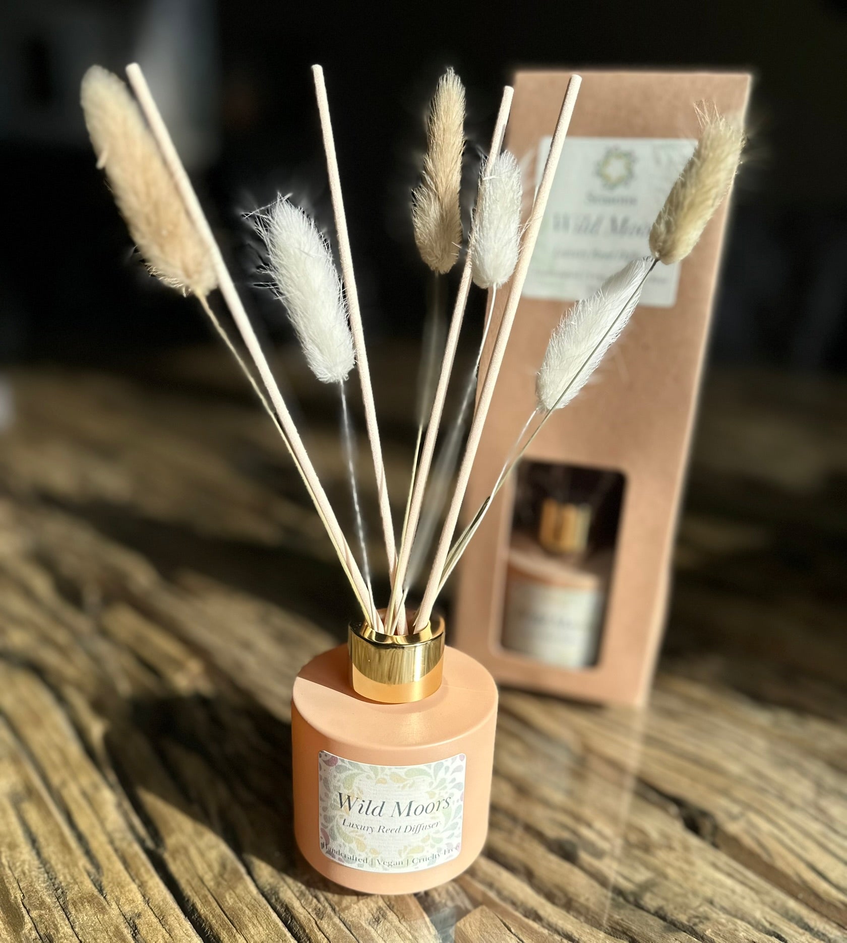 Wild Moor Diffuser, with stems and decorations. The box is in the back.