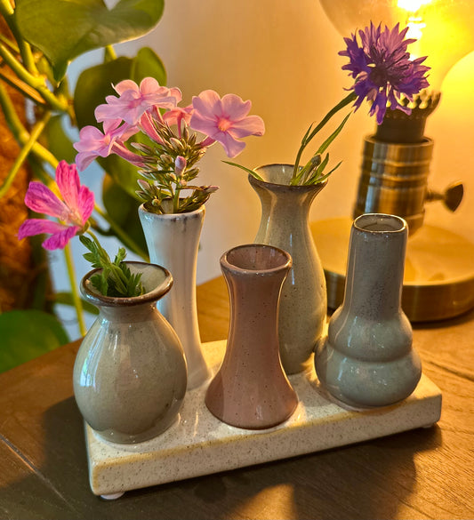 Set of 5 mini ceramic vases on shared base for rustic boho tabletop decor