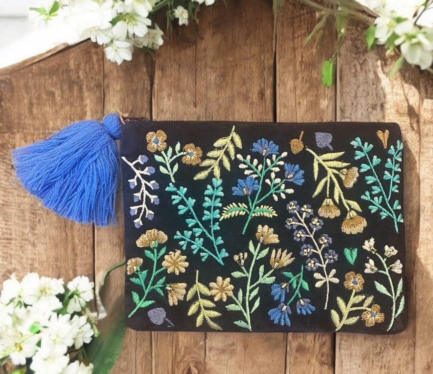 Navy blue embroidered velvet accessory pouch, elegant zip bag for makeup, travel, or everyday use, luxury soft velvet cosmetic purse.