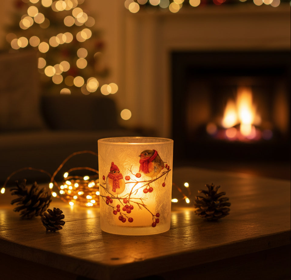 A clear glass candle holder featuring a printed winter design of two robins wearing red scarves perched on a branch with red berries.