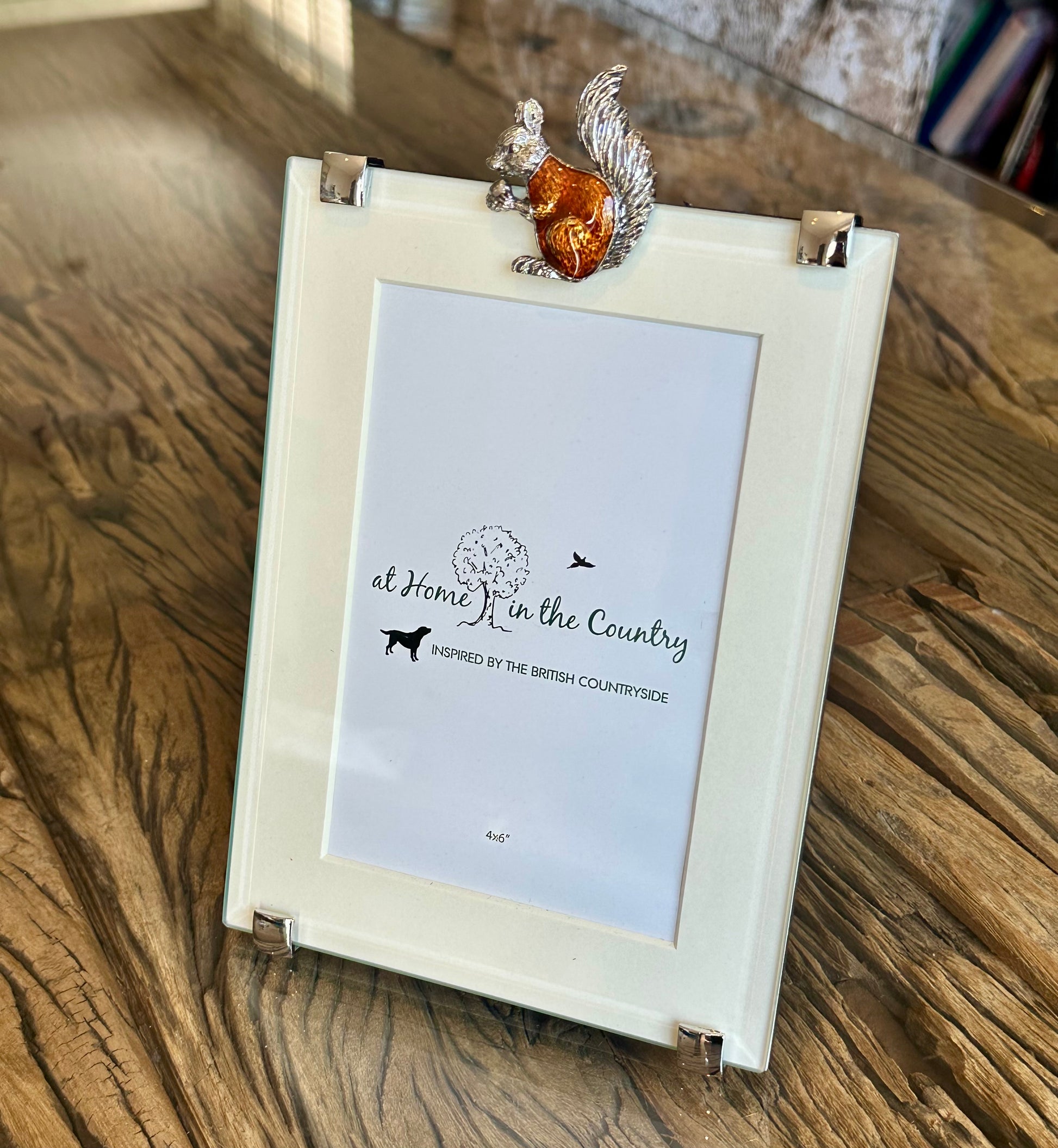 a glass photo frame featuring a metal red squirrel motif