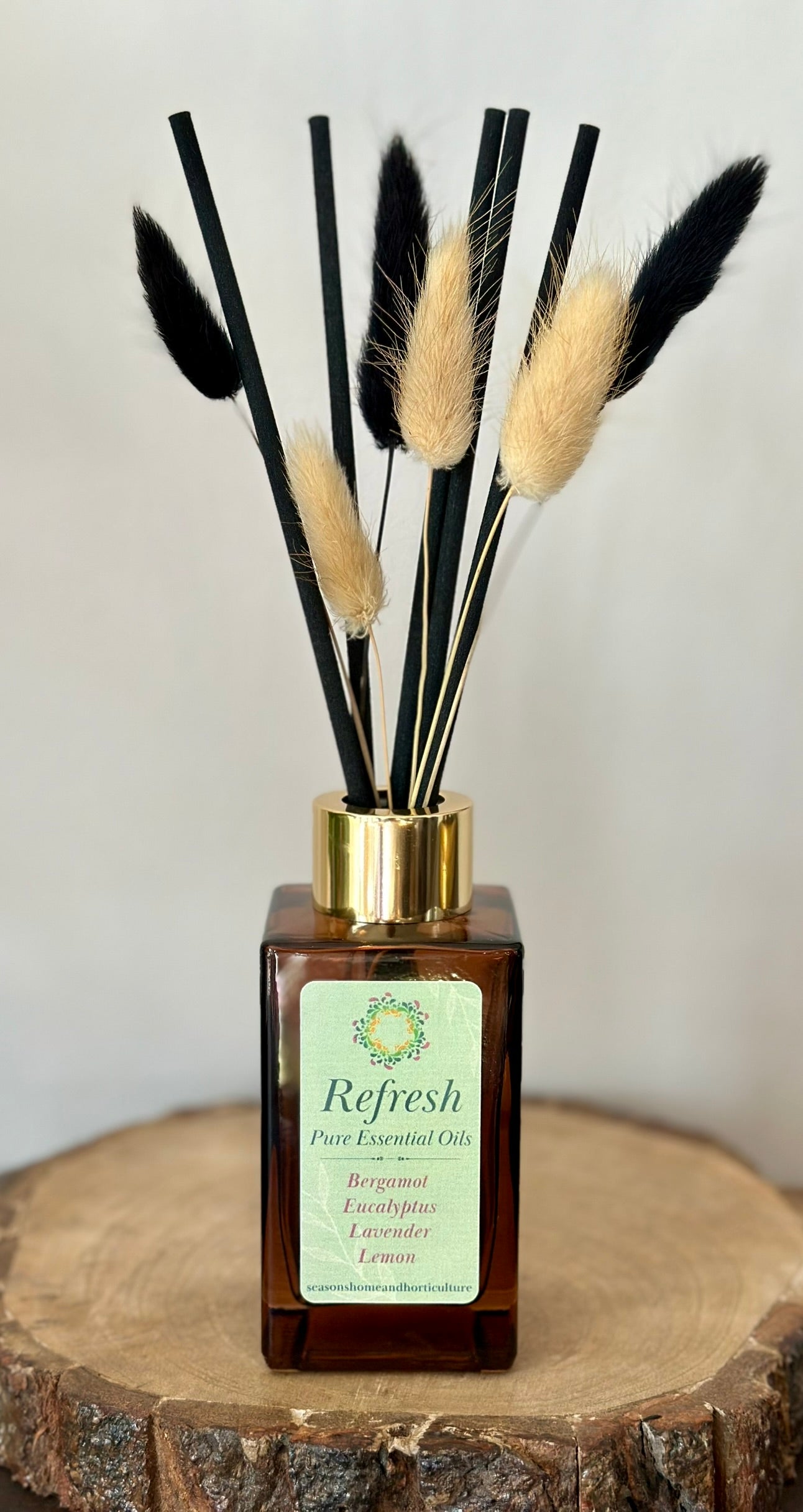 Handcrafted Refresh reed diffuser, natural lavender and citrus scent with bergamot, vegan paraben-free energising home aroma.