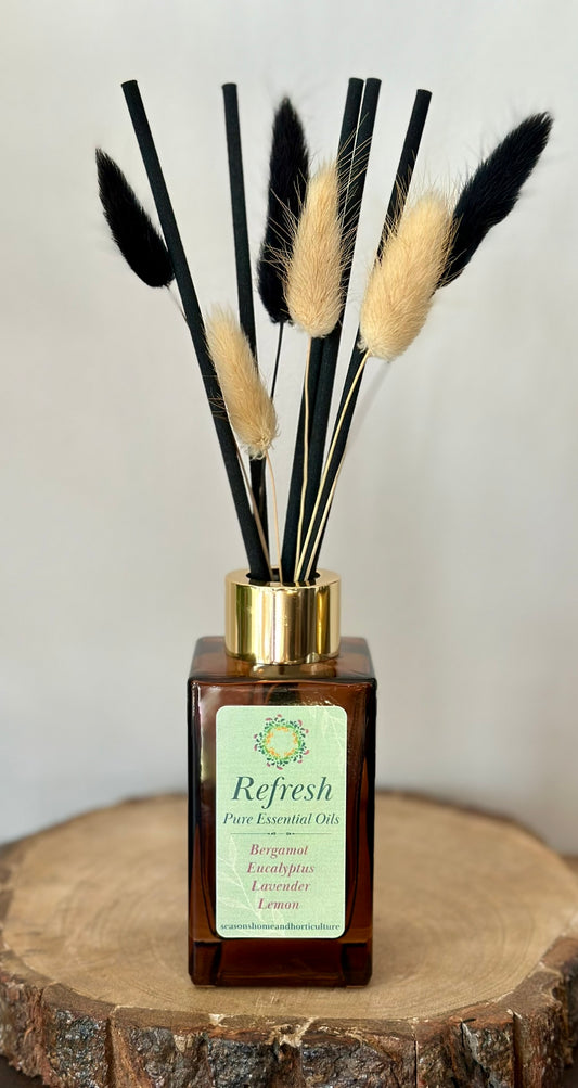 Handcrafted Refresh reed diffuser, natural lavender and citrus scent with bergamot, vegan paraben-free energising home aroma.