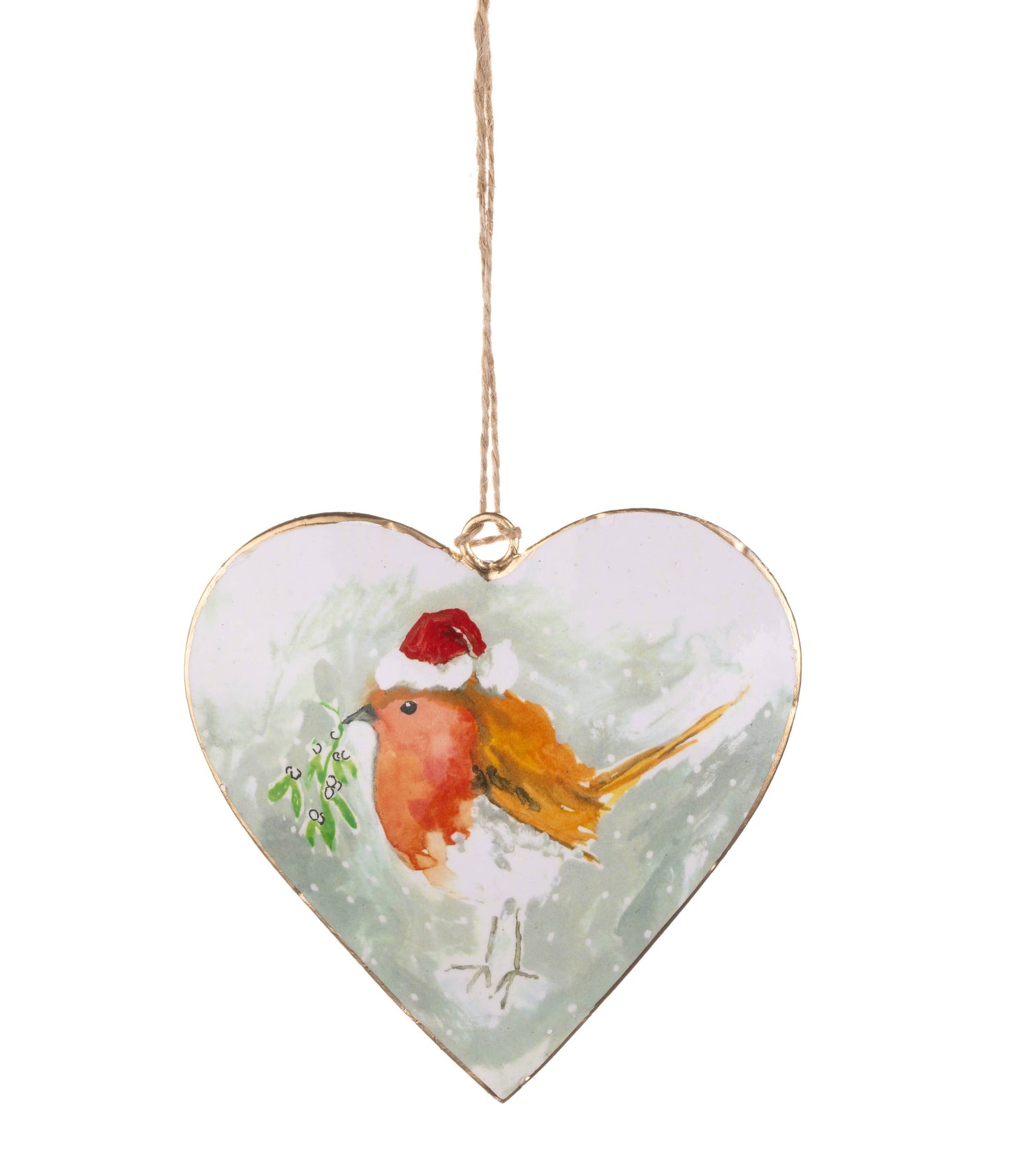 A heart-shaped hanging ornament featuring a painted robin bird wearing a red Santa hat and holding green mistletoe, suspended by a thin string against a plain white background.