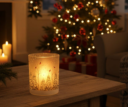 A lit decorative candle holder with a warm glowing interior and subtle tree-like cutout pattern, placed on a wooden coffee table in a cozy Christmas living room with a decorated tree, fireplace, and armchair in the background.