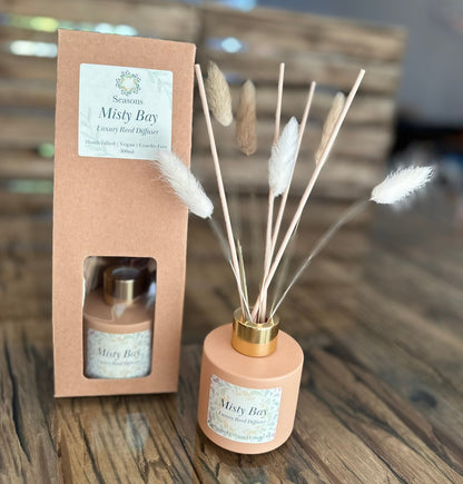 misty bay reed diffuser, with packaging. 