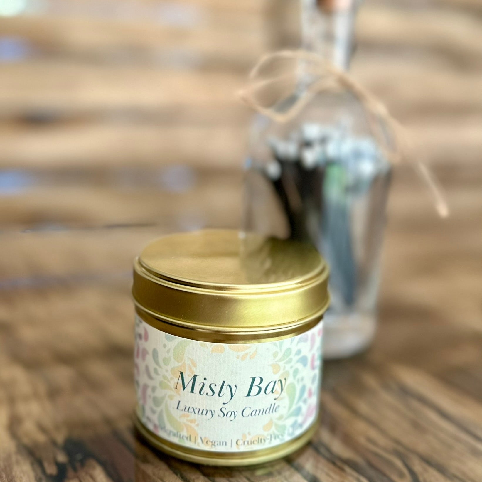 misty bay candle with the lid closed. 