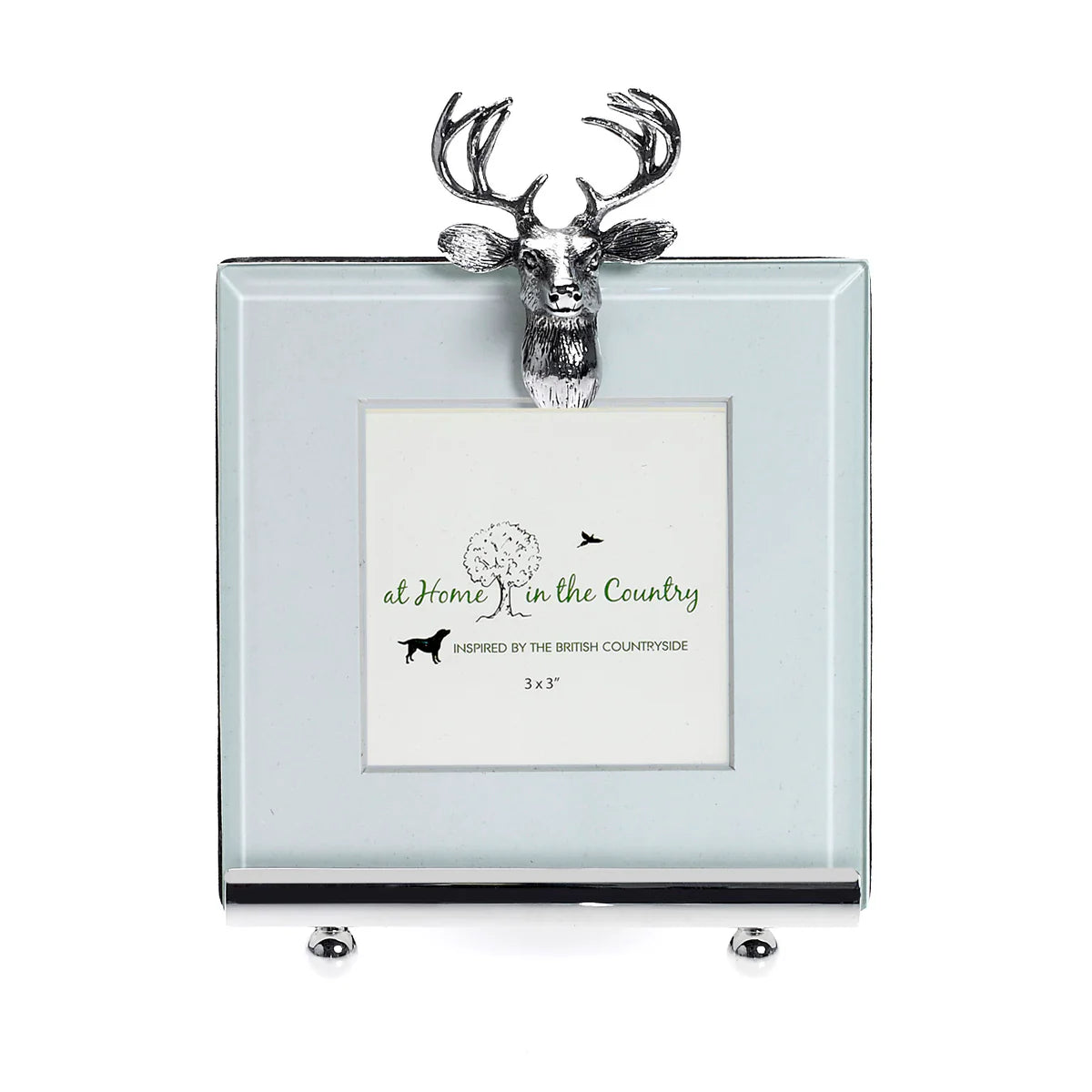 silver photo frame with a stag emblem on the top 
